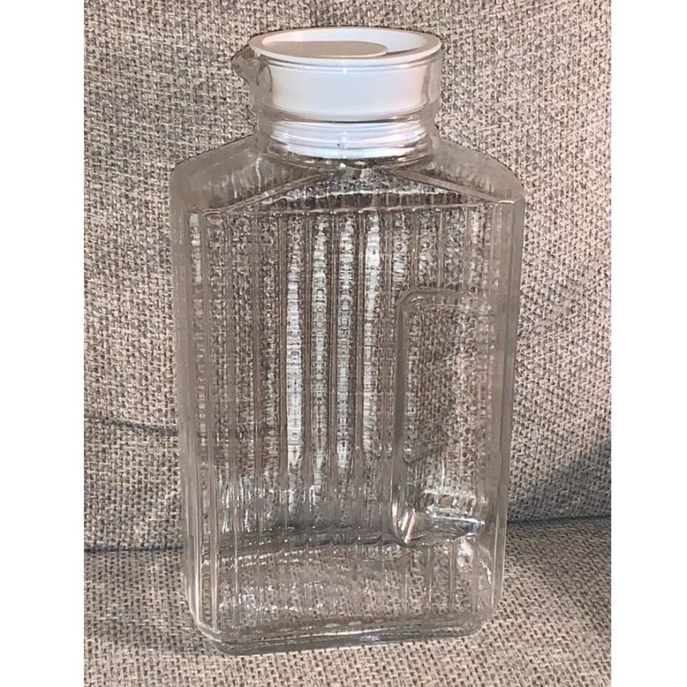 Vintage ARC France Clear Glass Ribbed Refrigerator Pitcher w/ White Silicone Lid